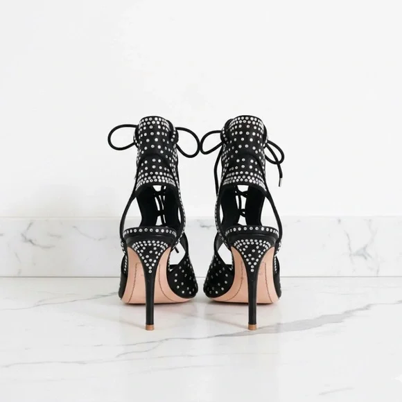 Sophia Webster Satin Crystal Embellished Lace-Up Black Strappy Heels Size 7 / 37